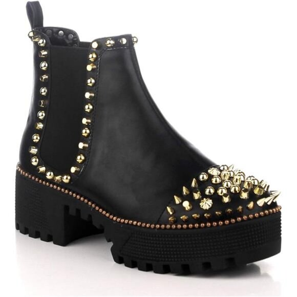 Women's Spiky Pull On Combat Boots - Picture 2 of 6